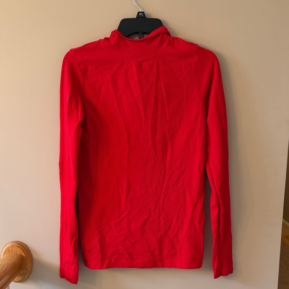 Athleta Red Long-Sleeve Top with fitted hood.
